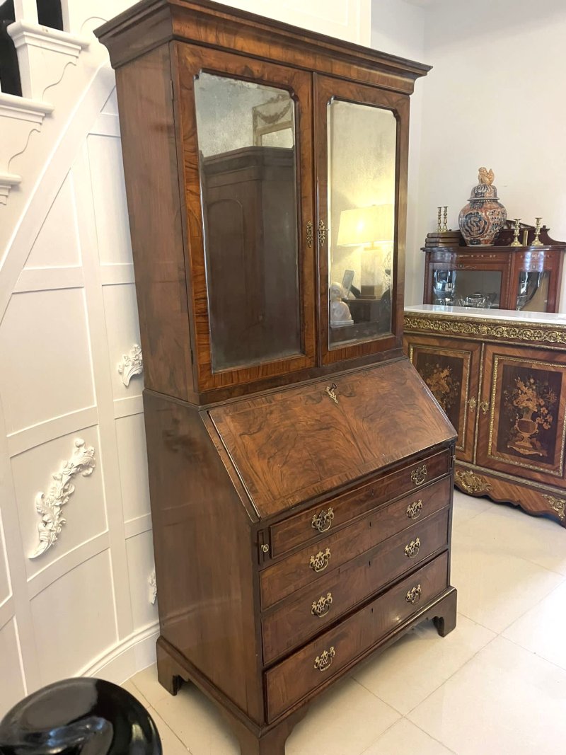 Antique George I Quality Figured Walnut Bureau Bookcase - Image 14